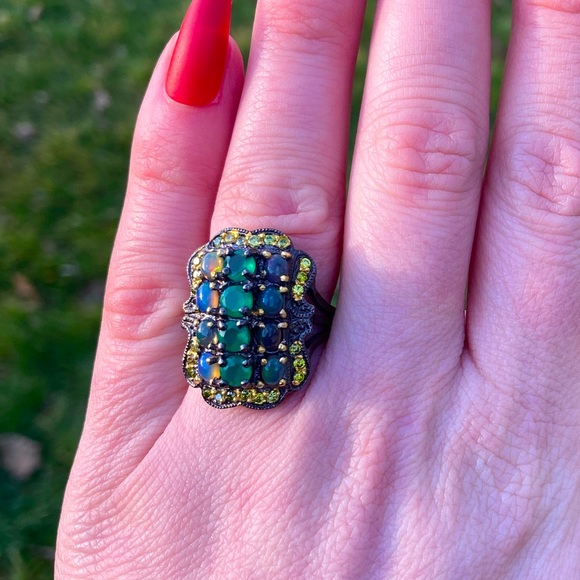 Vintage Art Deco Style Green Onyx & Opal Cluster Ring Sz 6 925 Silver Gold - Picture 4 of 8
